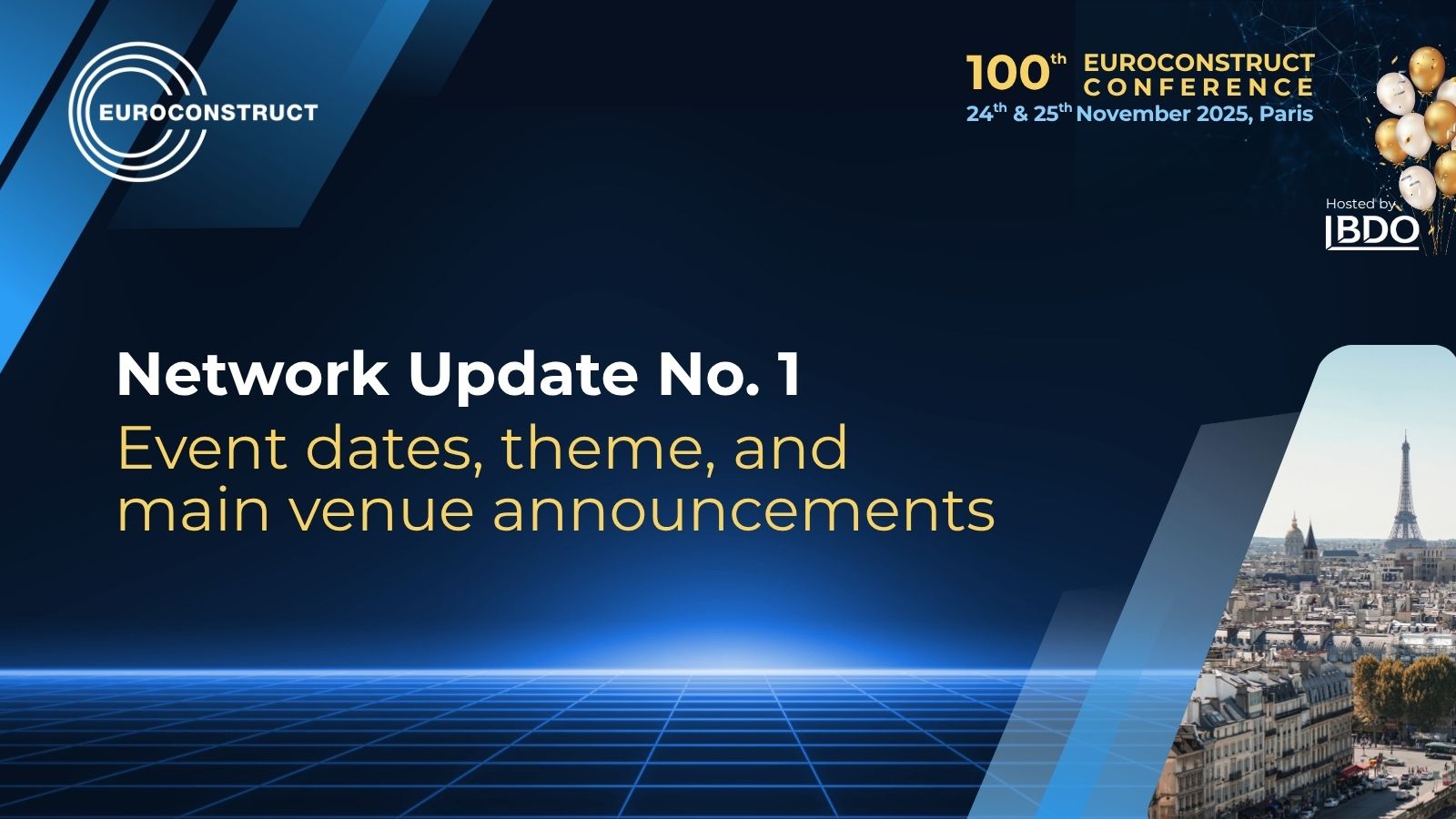 Euroconstruct 100th Conference announcement graphic with Paris skyline and Eiffel Tower.