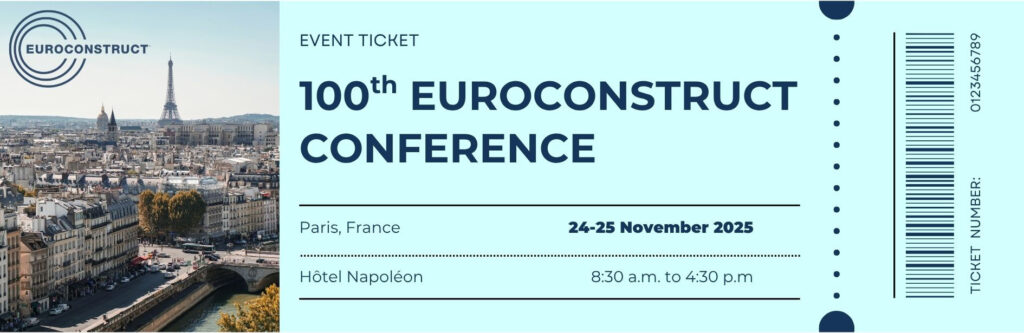 Ticket for the 100th Euroconstruct Conference in Paris, showing an event schedule and a Paris cityscape with the Eiffel Tower.