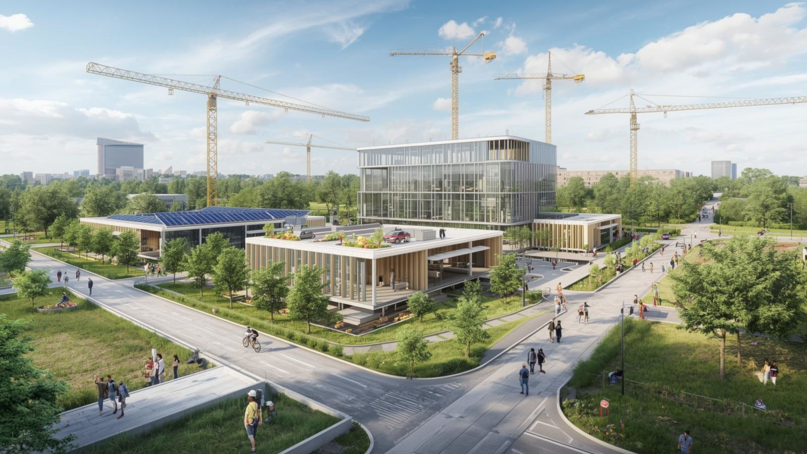 Modern eco-friendly office complex under construction with glass buildings, solar panels, and people walking in landscaped surroundings.