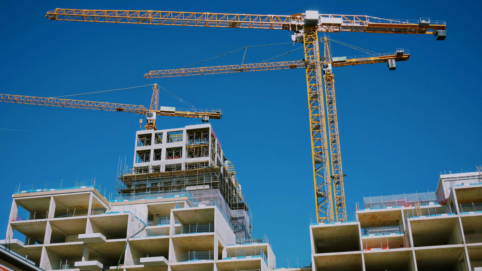 Three yellow tower cranes above the concrete shells of a large housing development against a clear blue sky
