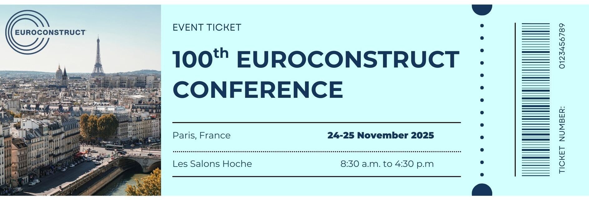 Ticket for the 100th Euroconstruct Conference in Paris, showing an event schedule and a Paris cityscape with the Eiffel Tower.